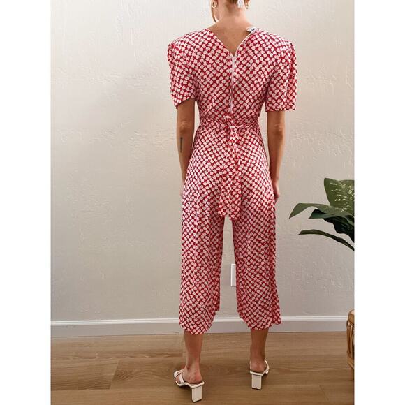 Vintage 1980's Red Floral Short Sleeve Cropped Jumpsuit - Picture 4 of 8